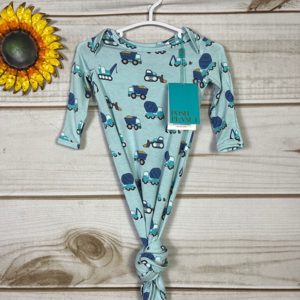 Posh Peanut Construction Truck Viscose Bamboo Knotted Gown Blue 0-3 Months NWT